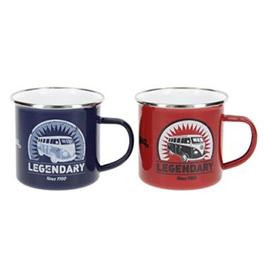Imagem de BRISA Coleção VW - Volkswagen Conjunto de 2 peças de caneca de café e chá esmaltado para acampamento e ônibus T1 ao ar livre (lendário/vermelho/azul)