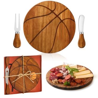 Imagem de Ziliny Conjunto de presente de tabuleiro de queijo de basquete, prêmios de lembrancinha de festa, tábua de madeira de charcutaria com facas e caixa, presente de dia dos pais para o pai e avô, jogo de