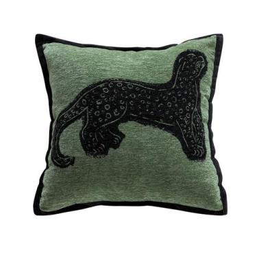 Imagem de Capa de travesseiro Chenille bordada com leopardo verde chique 45x45cm