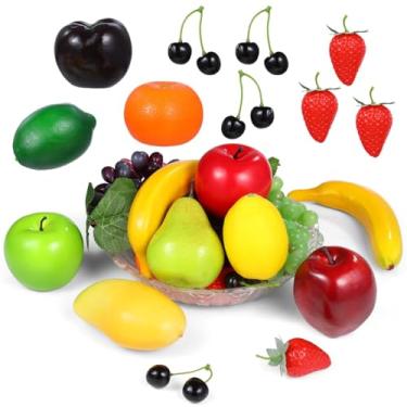 Imagem de Conjunto de frutas artificiais de 21 peças para decoração de casa e fotografia, inclui maçãs falsas, uvas, morangos, bananas, limões, pera, laranja e ameixa preta