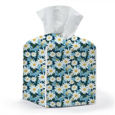 Imagem de Capa de caixa de lenços, suporte de caixa de lenços, quadrado com fundo de cinto, organizador decorativo de couro PU para mesa, banheiro, banheiro, carro, escritório, cômoda, decoração de flores azuis