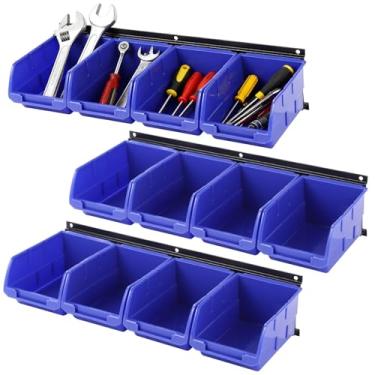 Imagem de OMISTAR Caixas de armazenamento montadas na parede, 12 caixas e 3 trilhos, caixas organizadoras de plástico penduradas, caixas de 15,5 x 9,9 x 7,9 cm, sistema de armazenamento de ferramentas de