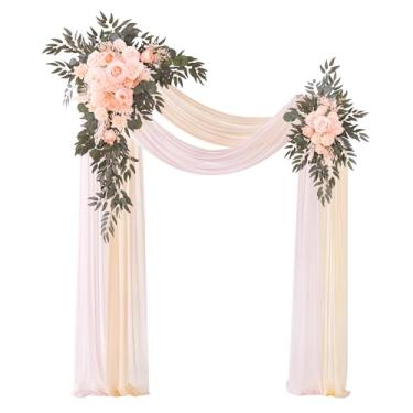 Imagem de Angela flower Kit de flores de arco de casamento de luxo com cortinas, pacote com 4, 2 peças de arranjo de flores de seda rosa rosa bebê pendurado, 2 peças de cortinas de chiffon para decoração de