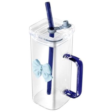 Imagem de Copo de vidro com design de laço adorável com canudo, tampa, alça e corpo transparente, ideal para café, leite, chá