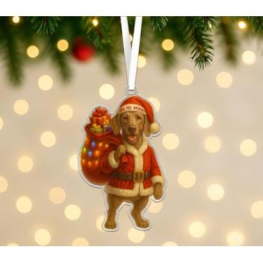 Imagem de Weimaraner Enfeite de acrílico de Natal para cães – Weimaraner fofo com saco de presente e luzes – Decoração engraçada de árvore de Natal Ho Ho Hooo – Enfeite de presente para amantes de cães de Natal