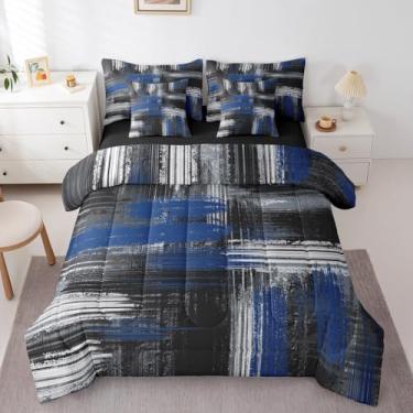 Imagem de Feelyou Conjunto de edredom e lençol geométrico artístico, tamanho casal, azul e preto, azul abstrato e preto, 7 peças, azul ombré, 7 peças, conjunto de edredom com lençol