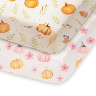 Imagem de TotChill Pacote com 2 lençóis de Halloween para crianças, pacote com 2 para colchão Pack N Play, Frankenstein, abóbora, fantasma