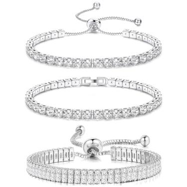 Imagem de Pulseiras de tênis para mulheres e homens - Pulseira banhada a prata com zircônia cúbica CZ diamante ajustável empilhável conjunto para baile de casamento joias presente 3 peças, One Size, Zircônia