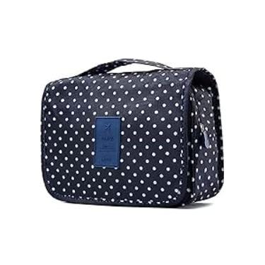 Imagem de Nécessaire Organizadora de Viagem Impermeável em Nylon – Com Gancho, Compartimentos e Grande Espaço Interno| Azul Marinho Bolinhas
