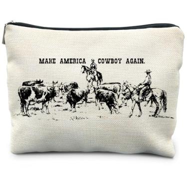 Imagem de RYYCDOI Bolsa de maquiagem ocidental, presentes ocidentais para mulheres, presentes de vaqueira, presentes para meninas do campo, Make America Cowboy Again, bolsas de cosméticos vintage, bolsa de