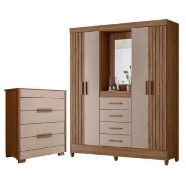 Imagem de Guarda Roupa Solteiro com Espelho Atenas e Cômoda Dhara Carvalho Fendi
