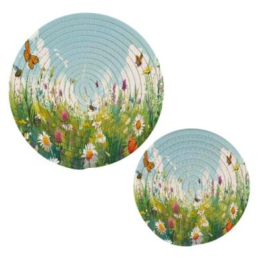 Imagem de Blueangle 2 peças de suporte de panela de flores silvestres em aquarela - conjunto de pegadores de panela de tecido redondo - almofadas quentes trançadas de algodão - porta-copos - tapetes de mesa