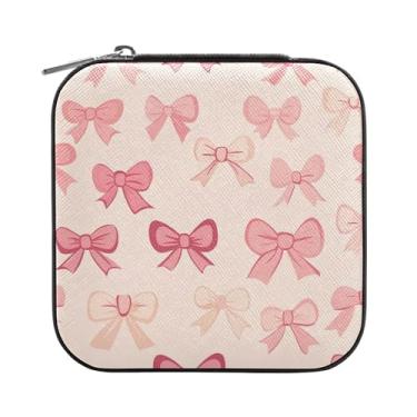 Imagem de SEHANY Caixa de joias personalizada com laço rosa para mulheres, meninas, mini estojo de joias de couro PU, organizador de joias de viagem, caixa de joias para brincos, anéis, colares, presentes para