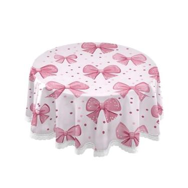 Imagem de SEHANY Toalha de mesa redonda com laço rosa de 152 cm, tecido lavável sem rugas, toalha de mesa decorativa de renda para restaurante, casamento, acampamento, festa de cinco de maio