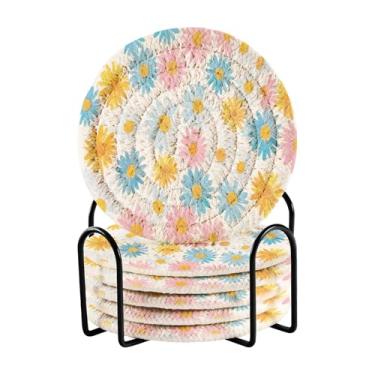 Imagem de Qilmy Conjunto de 6 peças para copos de margaridas coloridas bonitas ou porta-copos de bar para bebidas, porta-copos de fazenda ou porta-copos de mesa rústicos, porta-copos modernos de algodão para o