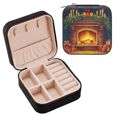 Imagem de Wassud Estojo de joias de viagem decorado com lareira de Natal para mulheres, meninas, senhoras, noiva, mini organizador de joias de couro PU, caixa quadrada de armazenamento de joias para brincos