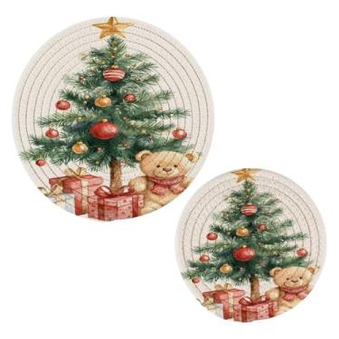 Imagem de Wassud Conjunto de tripé de árvore de Natal com urso para pratos quentes, suportes redondos de algodão, almofadas quentes, porta-copos elegantes, decoração de cozinha e acessórios, 2 peças