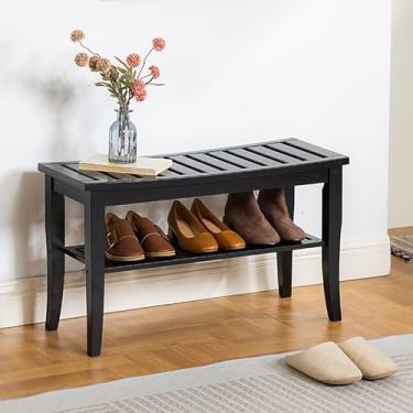 Imagem de Banco de sapateira de bambu, banco longo de fazenda com compartimentos de armazenamento, organizador de sapatos de armazenamento comporta até 136 kg, para entrada, quarto, sala de estar (77 * 30 * 45