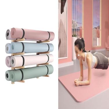 Imagem de Suporte para tapete de ioga, suporte de parede com braços de suporte estendidos, armazenamento de tapete de ioga de madeira de 4 camadas para raquetes de badminton, skate de espuma, decoração de