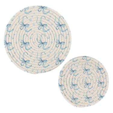 Imagem de Wassud Conjunto de trivet com laço azul para pratos quentes, suportes redondos de panela, almofadas quentes de algodão, porta-copos resistentes ao calor para decoração de cozinha, bancada, 2 peças
