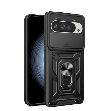 Imagem de RKINC Capa para Google Pixel 10 Pro XL com capa deslizante para câmera e anel giratório com suporte de grau militar à prova de choque com suporte magnético para carro, preta