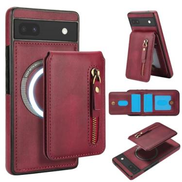 Imagem de Carteira removível compatível com carregamento sem fio Magsafe para Google Pixel 6A com suporte para cartão, bolso com zíper, suporte 2 em 1 capa à prova de choque (vinho)