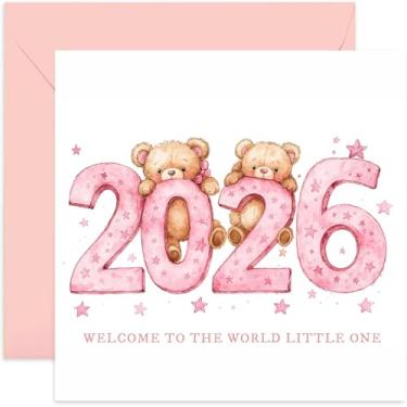 Imagem de Novo cartão de felicitações para bebê menina 2026 para mamãe e papai - adorável design de aquarela rosa com dois ursos de pelúcia e estrelas - Presentes de lembrança e presentes para novos pais, filha