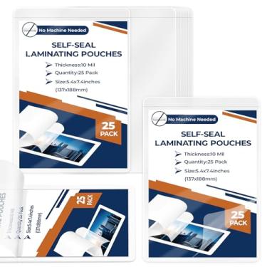 Imagem de Pacote com 25 bolsas autoselantes de laminação de 10 mm 12,7 x 17,8 cm, folhas laminadas transparentes para fotos, escritório, escola (sem folhas de laminação a calor e sem necessidade de máquina