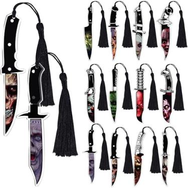 Imagem de Faccito 12 peças de marcadores de livro de terror de Halloween acrílico gótico assustador série de filmes de terror personagens em destaque em forma de adaga presente para romance fã, escritor, amigo