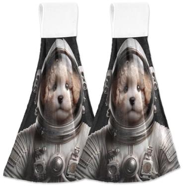 Imagem de TSENQUE Toalhas de mão de cachorro astronauta fofas com laços para pendurar toalhas personalizadas com ponta de dedo no forno conjunto de 2 toalhas fofas ultra absorventes decoração de cozinha, 46 x