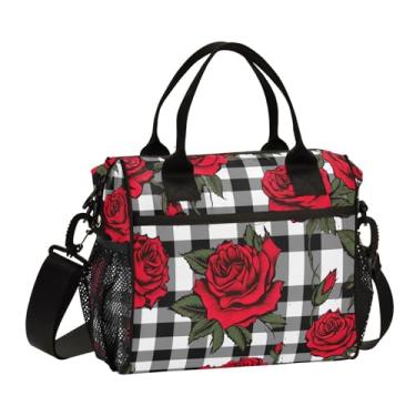 Imagem de GAIGEO Rosas vermelhas no tabuleiro de damas pretas e brancas lancheiras térmicas para mulheres, lancheira com zíper, lancheiras femininas para o trabalho, P