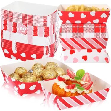 Imagem de Dunzoom 24 bandejas de papel para o dia dos namorados, pratos de dia dos namorados, vermelho, rosa, listras de coração, guingão, bandejas descartáveis para lanche de cachorro-quente Nacho para
