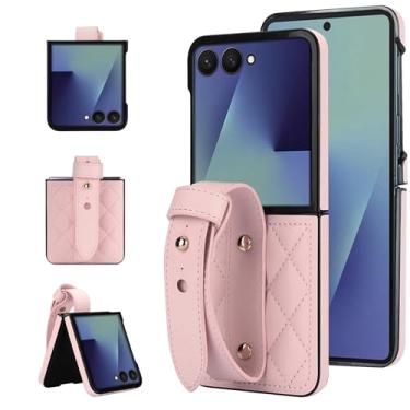 Imagem de Capa para Motorola Razr 50 Ultra, capa protetora dobrável de couro PU com alça de pulso ajustável, capa de telefone feminina feminina (rosa)