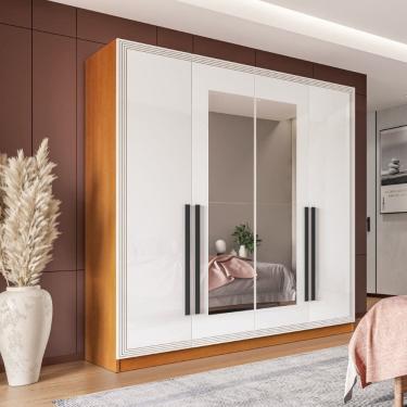 Imagem de Guarda Roupa Roupeiro 4 portas 4 gavetas com Espelho Valência Freijó Branco Politorno Móveis