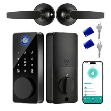 Imagem de IBLOG Trava inteligente com conjunto de 2 maçanetas, fechadura de porta de entrada sem chave com impressão digital, controle de aplicativo de porta frontal, fechadura eletrônica com teclado sensível