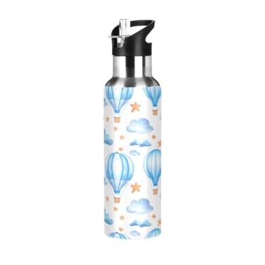 Imagem de Wassud Garrafa de água azul balões de ar quente garrafa de água esportiva de aço inoxidável com canudo garrafas de água isoladas copo portátil de viagem 946 ml