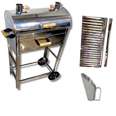 Imagem de Churrasqueira Inox Grande A Bafo Parrilla Carrinho Carvão Com Pegador 