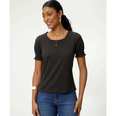 Imagem de Blusa Feminina Canelada Manga Curta Bufante Marisa-80006, PP, Preto