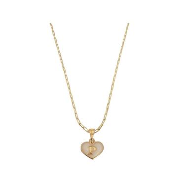 Imagem de Colar Cartier 50Cm Coração Branco Letra P Banhado Ouro 18K