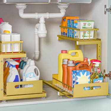 Imagem de Organizador sob a pia, prateleiras de metal premium de 2 camadas com altura ajustável, caixa deslizante resistente para armazenamento de armário de banheiro e cozinha, resistente à ferrugem, pacote