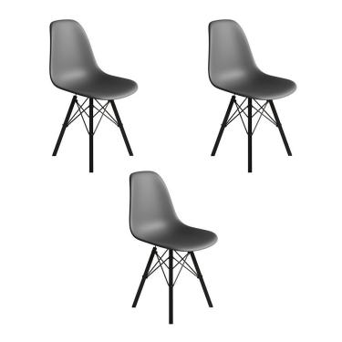 Imagem de Conjunto 3 Cadeiras Eames Estilo Moderno Em Ferro Preto Com Assento Cinza