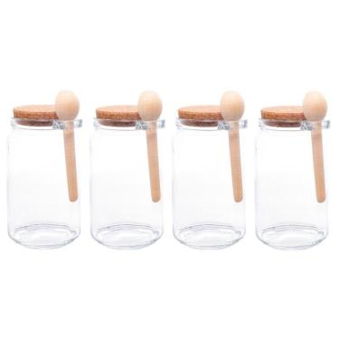 Imagem de Kit 4 Porta Temperos Redondo 650 Ml Vidro Com Colher De Bambu E Tampa Rolha Lyor