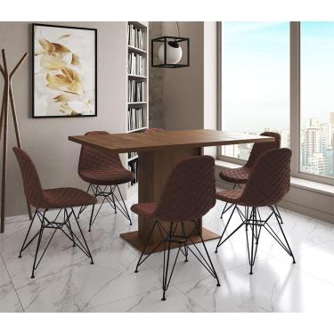 Imagem de Mesa Jantar Londres Retangular Amêndoa 137X90Cm 6 Cadeiras Estofadas Caramelo Ferro Preto