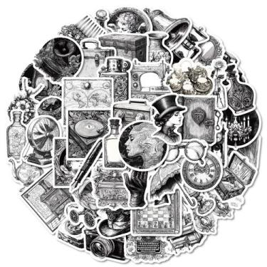 Imagem de Conjunto de adesivos vintage retrô preto e branco, 50 unidades Steampu