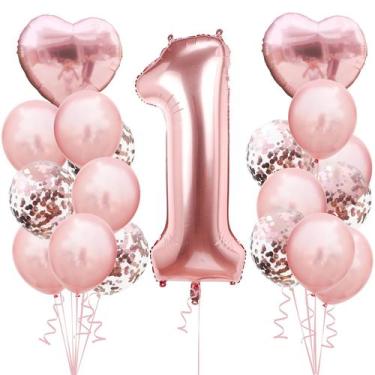Imagem de Kit de balões em ouro rosa para 1º aniversário, 19 unidades com papel 