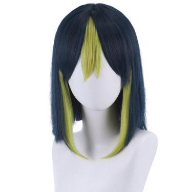 Imagem de Peruca de cosplay curta azul escuro com destaques em verde neon de 35 