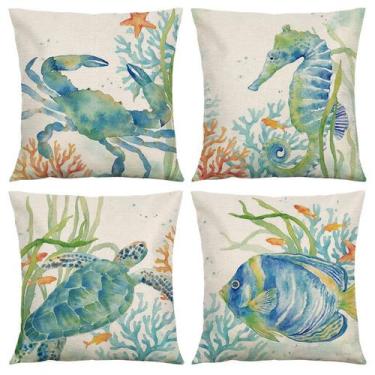 Imagem de Conjunto de fronhas em aquarela Ocean Life 45x45cm Linho x4 - yiweisai