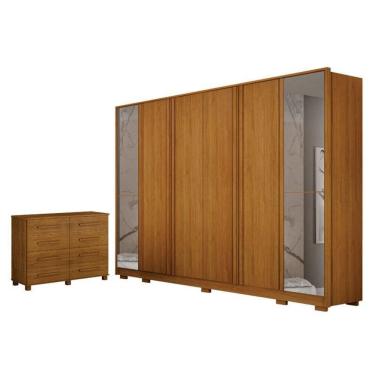 Imagem de Guarda Roupa Casal Ares 6 Portas Com Espelho Cinamomo Com Cômoda San Marino 8 Gavetas C...