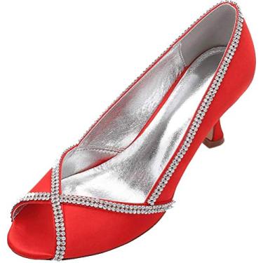Imagem de Vestido feminino Peep Toe strass salto gatinha sapatos de noiva slip on pump festa noite, Vermelho, 8