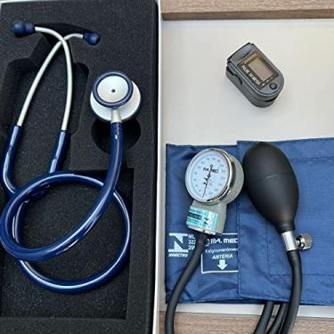 Imagem de Kit Enfermagem Estagio Acadêmico Azul Estetoscópio Duplo BIC Esfigmomanômetro P.A Med e Oxímetro